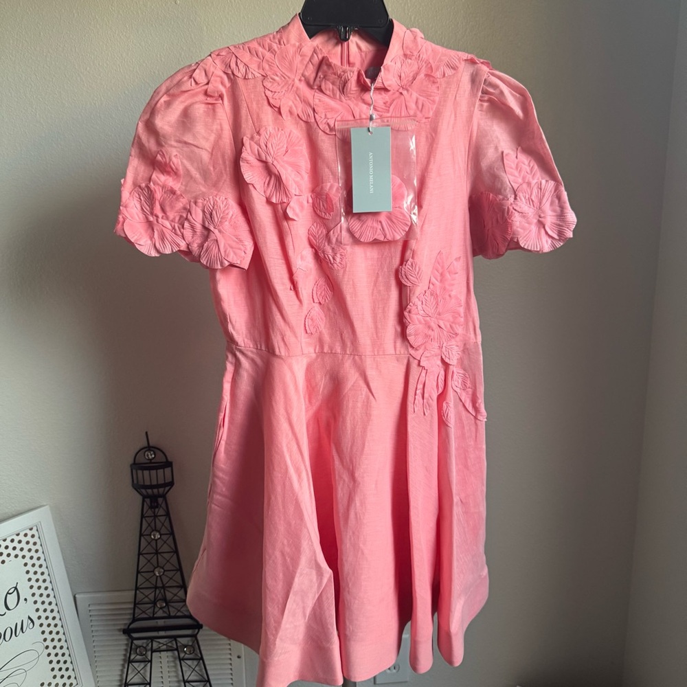 NWT Antonio Melani Iris Linen Floral Mockneck Short Sleeve Dress Sz 6 - Picture 2 of 9